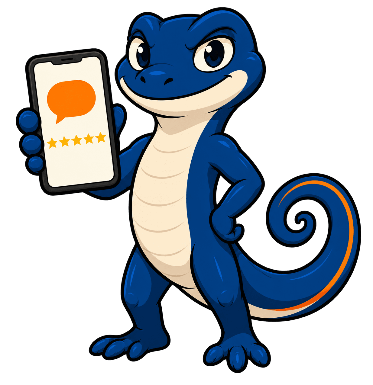 The Happlo gecko holding a phone showing a review request